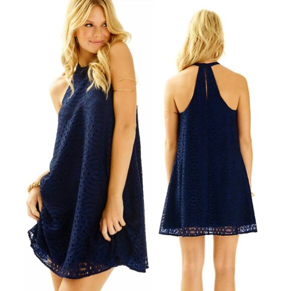 NWT Lilly Pulitzer Quinn Knotty Lace Halter Mini Swing Dress True Navy Women's M - Picture 1 of 10